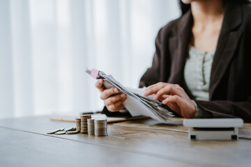 Cost of living increase and inflation. Woman grocery receipt shopping inflation cost living...