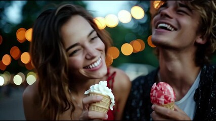 A couple laughing while sharing ice cream in a park - Powered by Adobe