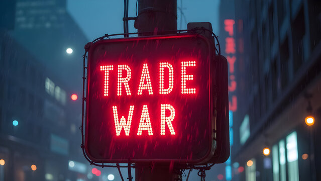 Glowing City Street Lamp Trade War Warning Sign