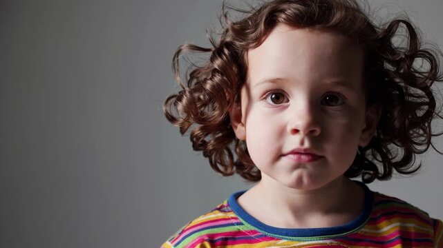 Curly haired toddler girl with bright eyes and cheerful expression posing confidently in studio setting, showcasing childhood innocence against neutral gray background
