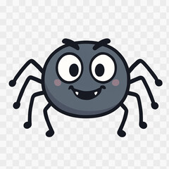 A charming, friendly cartoon spider illustration with a round, dark gray body, large expressive white eyes, and a wide, happy smile. 