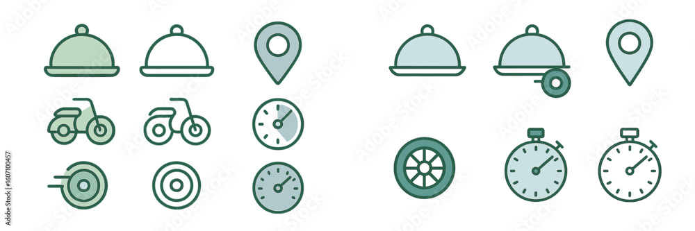 Poster visual representation of various icons related to delivery services, location tracking, and time man