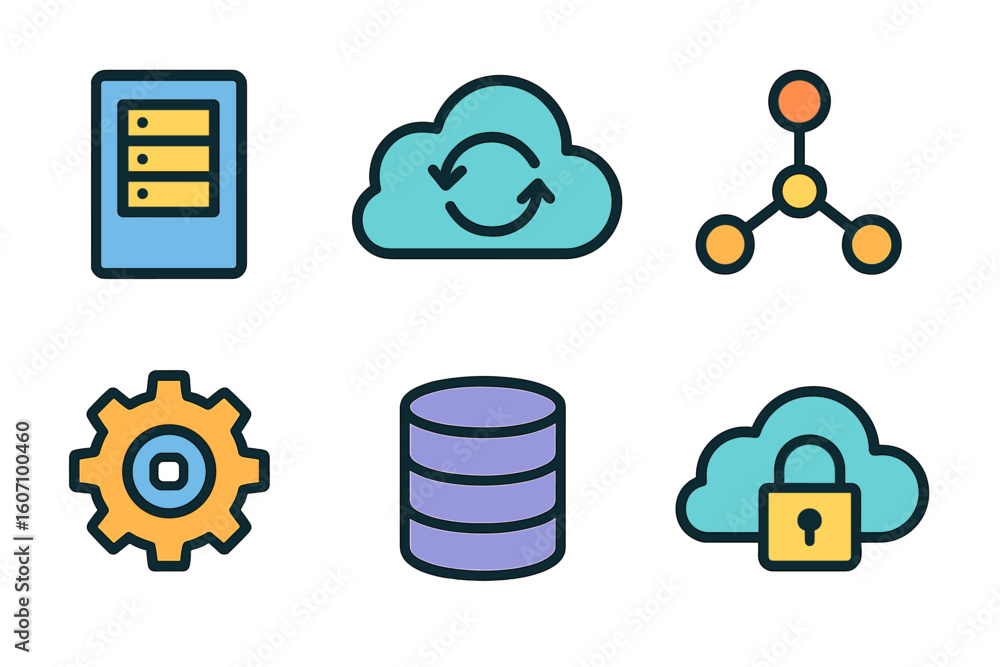 Poster cloud computing icons illustrating data storage, synchronization, security, and management in a mode