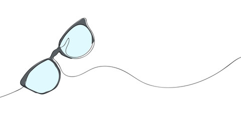 One line colored drawing of eyeglasses with blue lenses. Minimalist linear illustration. Vision correction, style, and fashion accessory concept.