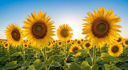 Fototapeta premium A field of sunflowers blooms under a bright blue sky