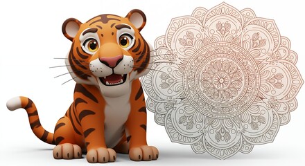 Cartoon tiger with decorative mandala pattern