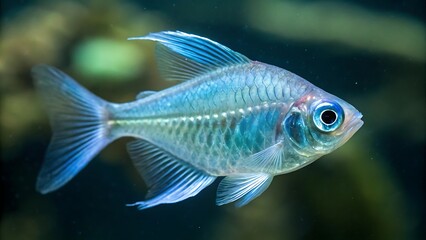 Fototapeta premium A translucent xray tetra fish swimming gracefully in an aquarium, showcasing its transparent body and iridescent scales transparent background