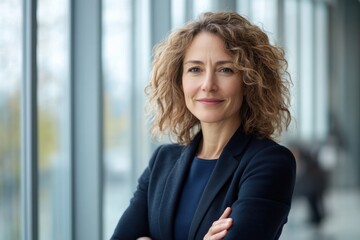 Fototapeta premium Professional business woman posing confidently in modern office environment natural light portrait photography inspiring leadership
