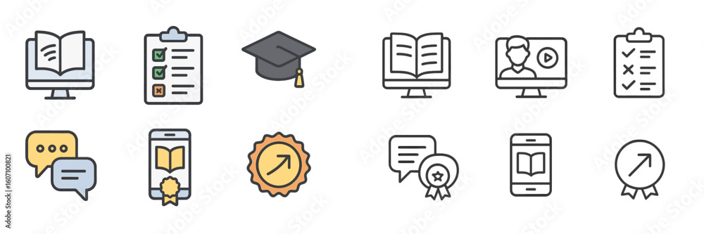 Poster educational icons representing various aspects of learning, study tools, and communication methods i
