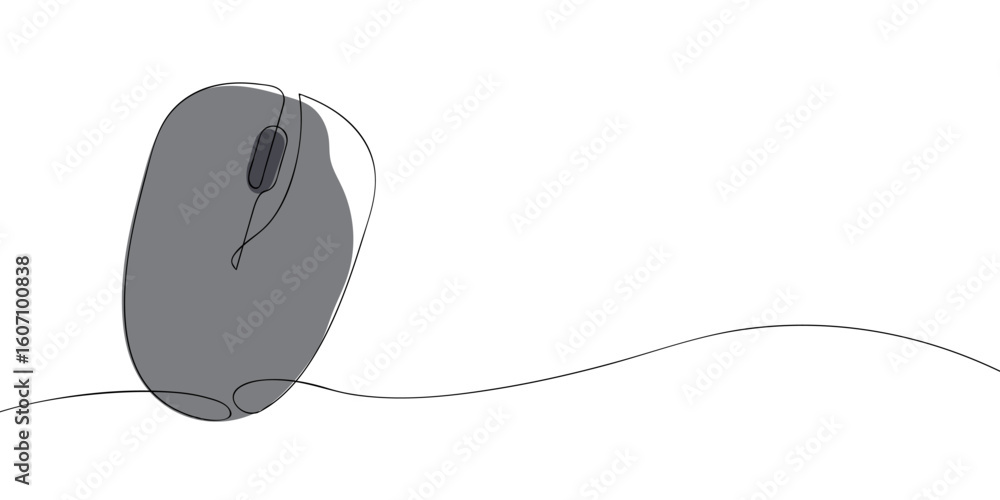Fototapete Computer mouse drawn in continuous line style with grey color fill. Minimalist vector illustration isolated on white background. Technology and user interface concept for design and print.