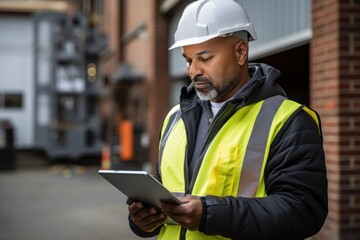 Construction worker using tablet for project management in industrial environment urban setting professional insight