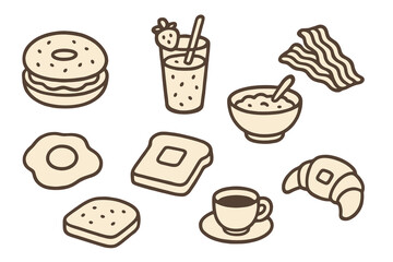 Vector breakfast icons with dark outlines and light fill featuring croissant, eggs, and french toast. Perfect for menus and food apps.