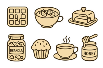 Set of 8 breakfast food icons including honey jar, granola, and tea cup. Light fill, thin dark outline, modern cartoon vector design.