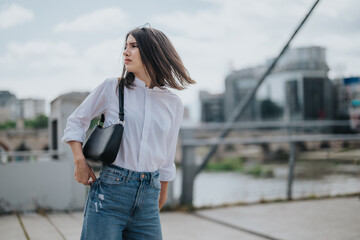 Obraz premium Young woman wearing jeans and a white blouse holding a black bag outside in a cityscape. She exhibits a modern, effortless fashion suitable for urban casual settings, conveying confidence and style.