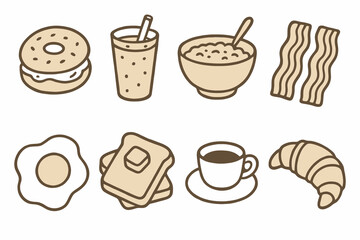 Two-tone breakfast icon set of bagel, smoothie, oatmeal, and bacon in hand-drawn style. Great for cafes and food packaging design.
