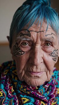 Veteran Filipino tattoo artist displaying traditional cultural tattoos, penetrating gaze with striking blue hair highlighting indigenous artistry and personal heritage