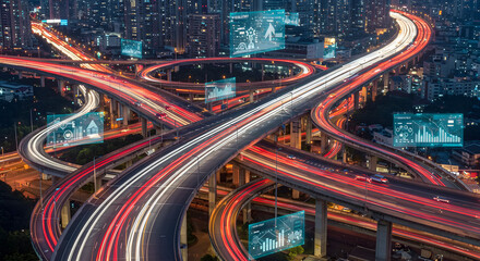 Futuristic city highway at night with glowing data overlays symbolizing smart transportation and connectivity