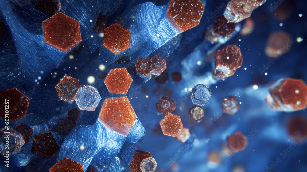 Poster microscopic view of cobalt free cathode particles compressing, revealing intricate textures and shap