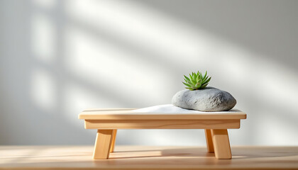 Small succulent plant on gray stone and wooden table zen garden minimalist nature scene