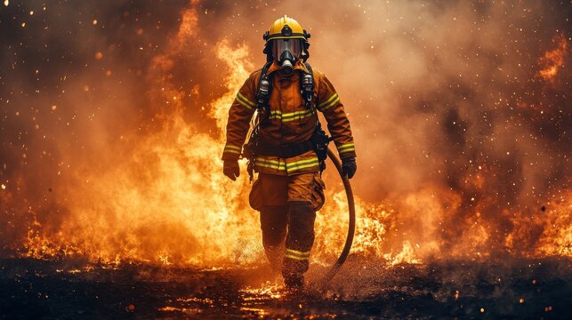 Firefighter braving intense flames at a wildfire scene emergency response action shot dramatic environment heroic viewpoint