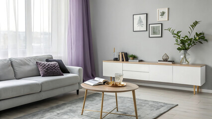 Modern living room with a grey sofa white sideboard and stylish coffee table with decorative items