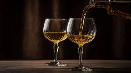 Elegant still life of crystal wine glasses with golden liquid captured in soft lighting.