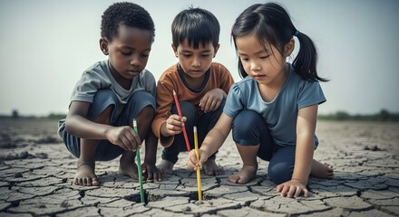 Three children drawing with pencils on cracked earth, symbolizing hope and education in challenging environments. Ideal for themes of resilience and International Day to Protect Education from Attack