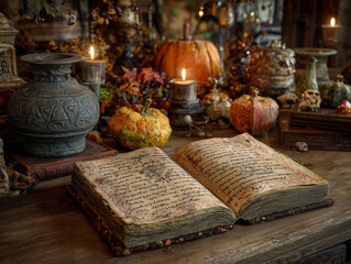 Old magic book lies on the table, Halloween concept