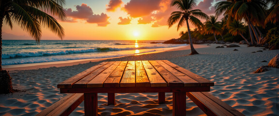 Wooden picnic table on a sandy beach with palm trees and a stunning sunset over the ocean, creating a serene tropical atmosphere