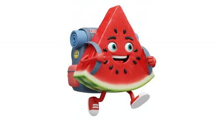 Fototapeta premium Cartoon watermelon slice with backpack