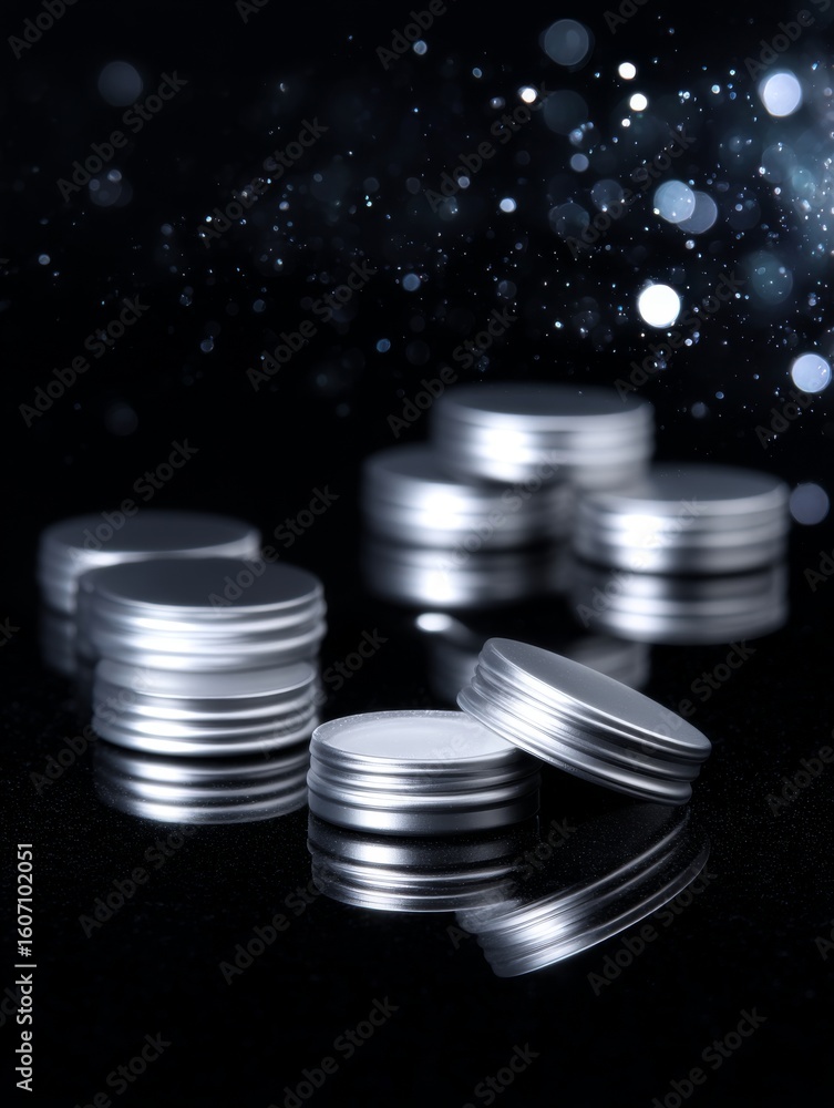 Poster shiny silver coins are stacked on a dark reflective surface. the bokeh effect adds a dreamy atmosphe