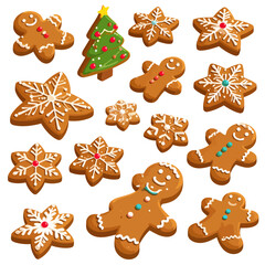 Assortment of decorated Christmas gingerbread cookies, including smiling men, iced snowflakes, and a festive tree.