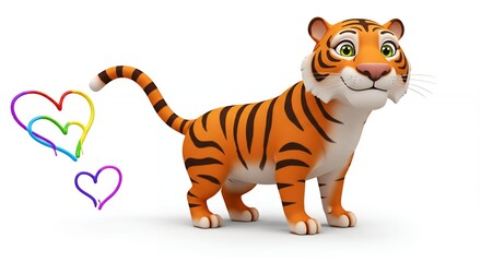Cheerful cartoon tiger with hearts