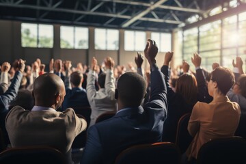 Empowering community engagement voting session at business conference indoor venue attendees raising hands collaborative environment wide-angle view