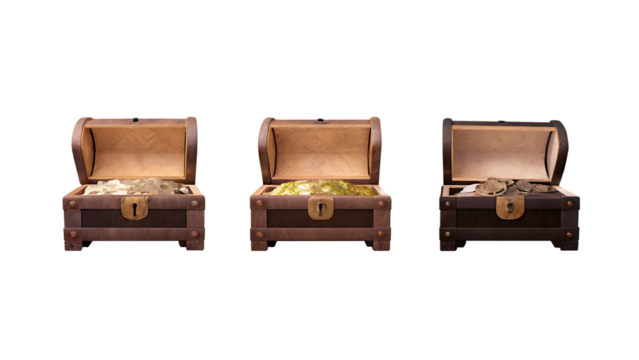 Wooden treasure chests filled with coins and jewels isolated on a transparent background