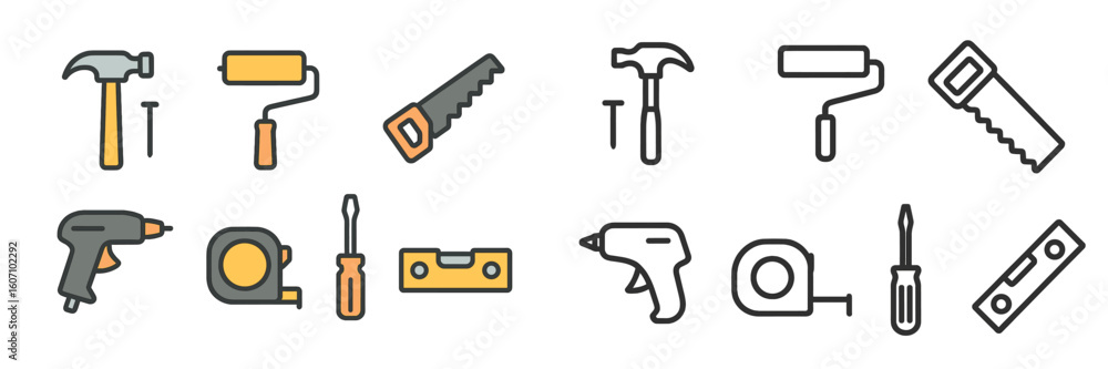 Poster tools displayed for construction and home improvement projects featuring various items in a well-org