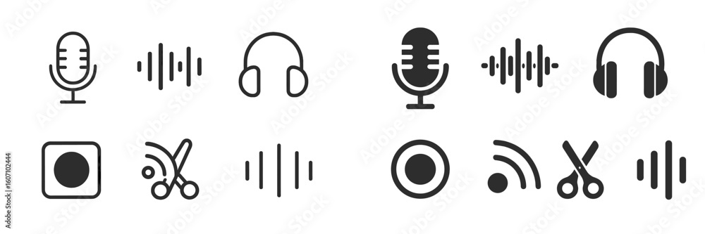 Aufkleber collection of audio and editing icons showcasing various sound and music related symbols in a simple