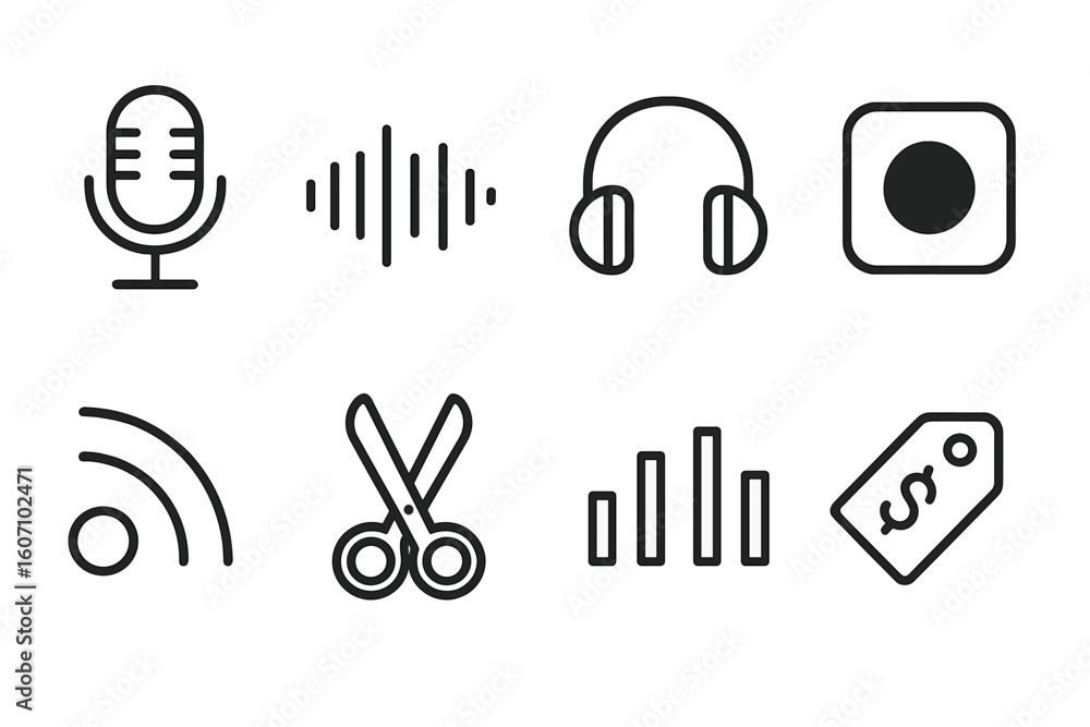 Poster icons representing audio and editing tools displayed on a white background with clean lines and simp