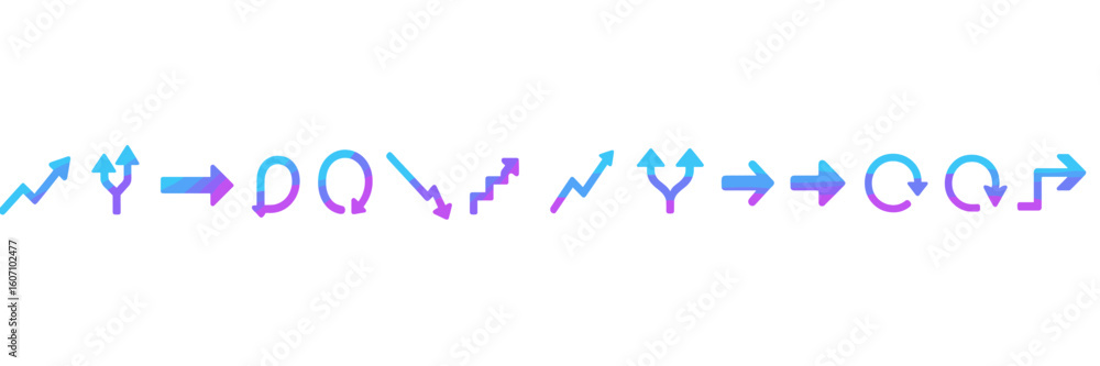 Poster colorful vector graphics showing various arrow and line patterns on a white background for design pu