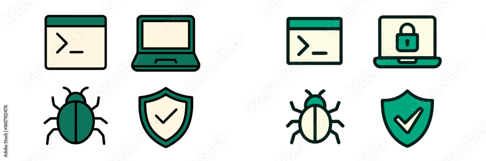 Poster various computer symbols illustrating coding, security, and bugs in a minimalist design for educatio
