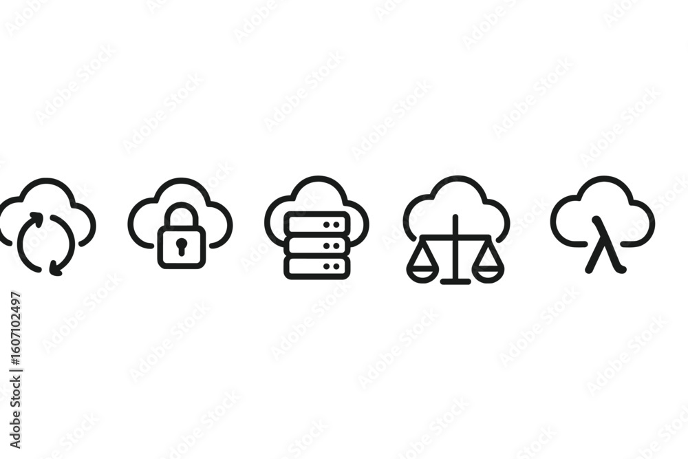 Poster cloud computing icons illustrating data management, security, compliance, and storage concepts in a 