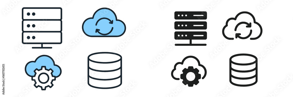 Poster icons illustrating data storage and cloud synchronization concepts for technology and it professiona