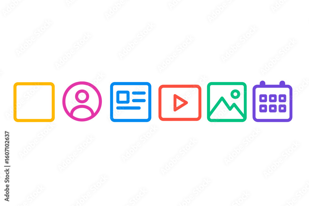 Poster colorful icons representing user options for content creation and scheduling on a digital platform