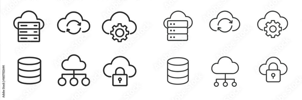 Poster graphic representation of cloud computing concepts with various icons for data storage and security 