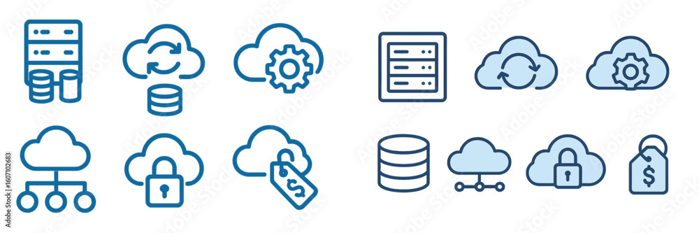 Poster cloud computing icons and symbols representing data storage, security, and management tools for tech