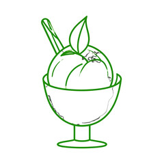 Stylized green outline of a cracked ice cream sundae in a stemmed glass bowl with a leaf.