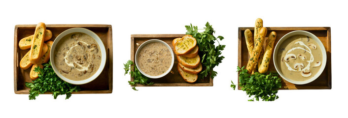 Top View of Creamy Mushroom Soup with Garlic Bread on Wooden Tray – PNG Isolated