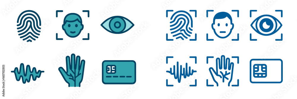 Poster exploring biometric identification icons and symbols in digital technology for security and personal