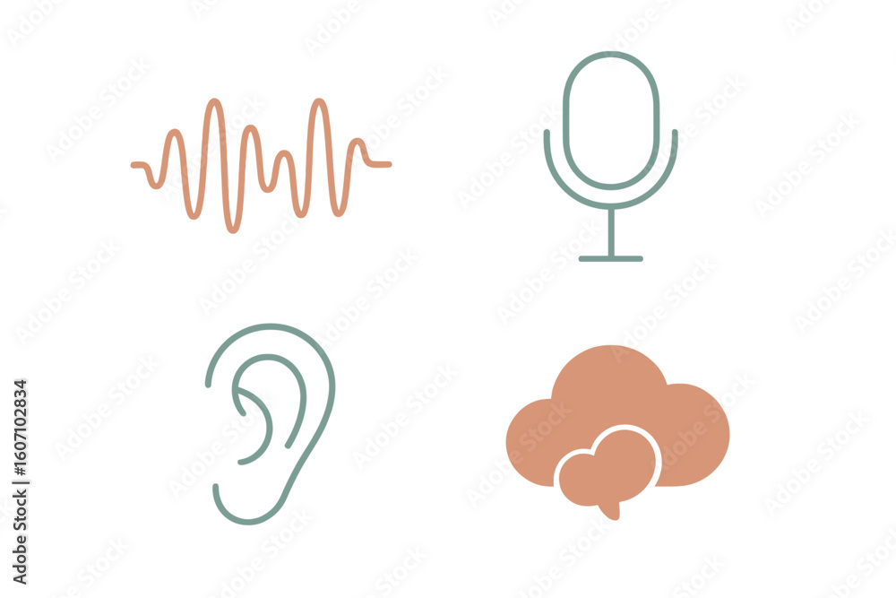 Poster exploring sound waves, audio recording, hearing, and communication concepts in a minimalist design