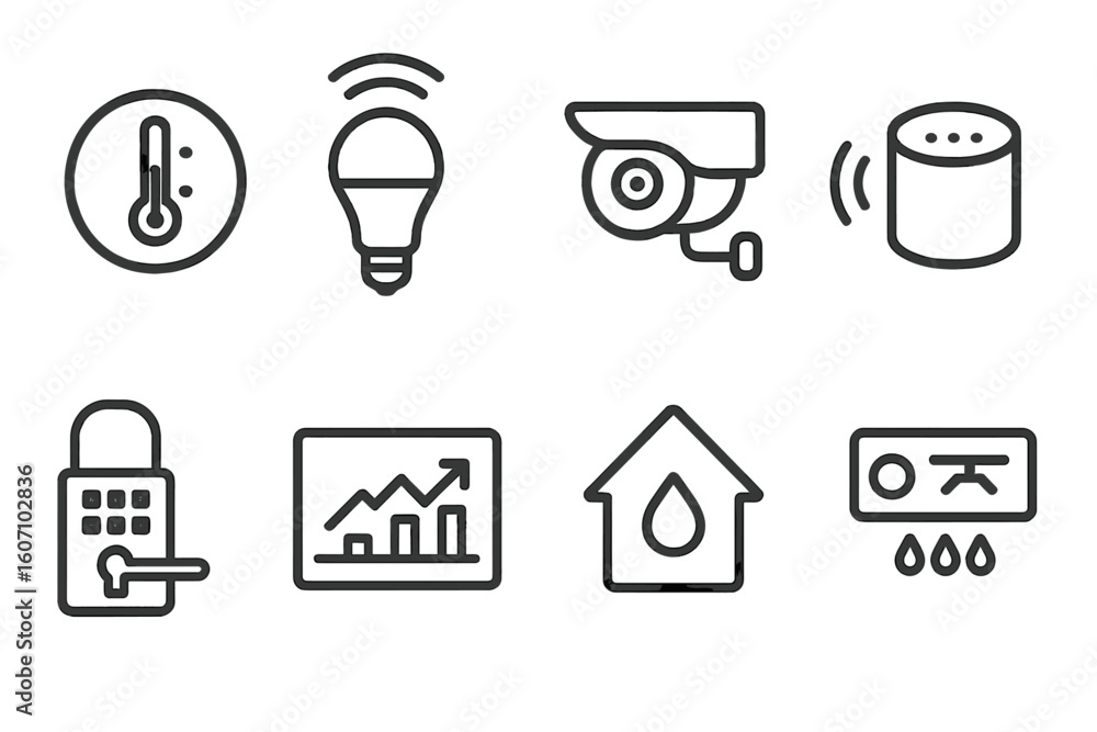 Poster smart home technology icons showing different devices for monitoring and control in a connected livi